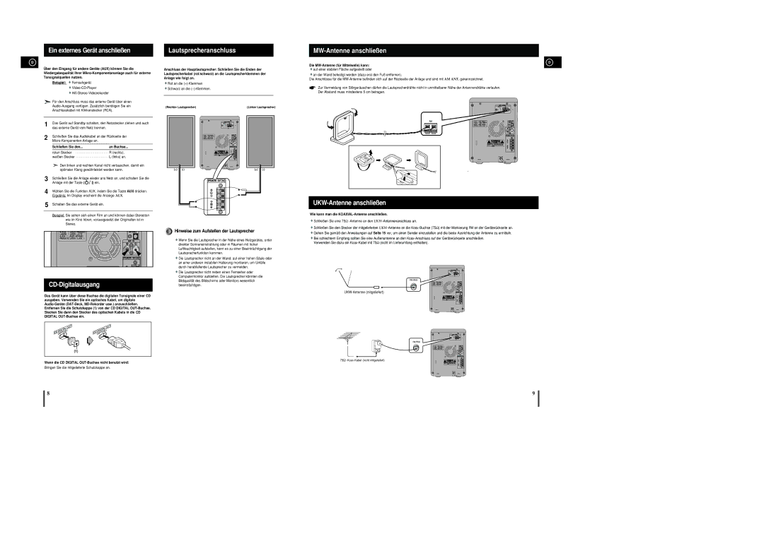 Samsung MM-C8R/ELS manual Ein externes Gerät anschließen, CD-Digitalausgang, Lautsprecheranschluss, MW-Antenne anschließen 