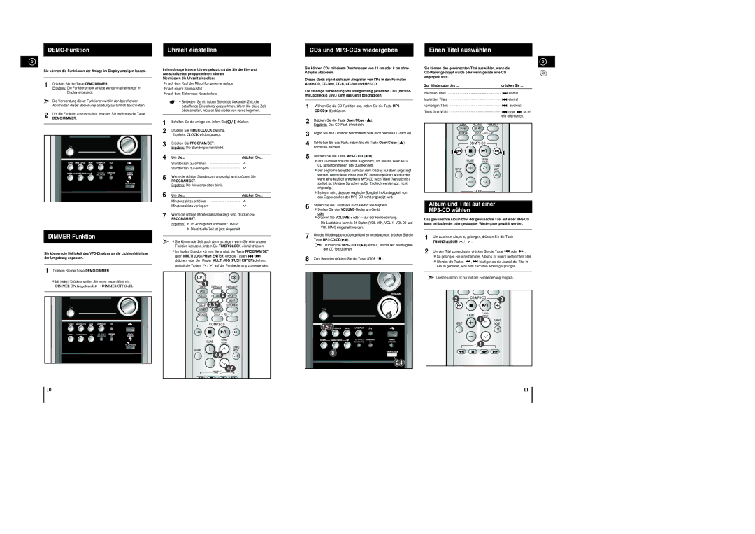 Samsung MM-C8R/ELS DEMO-Funktion, DIMMER-Funktion, Uhrzeit einstellen, CDs und MP3-CDs wiedergeben, Einen Titel auswählen 