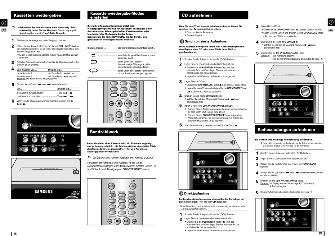 Samsung MM-C8R/ELS Kassetten wiedergeben, Bandzählwerk CD aufnehmen, Radiosendungen aufnehmen, Zum Anhören von Drücken Sie 