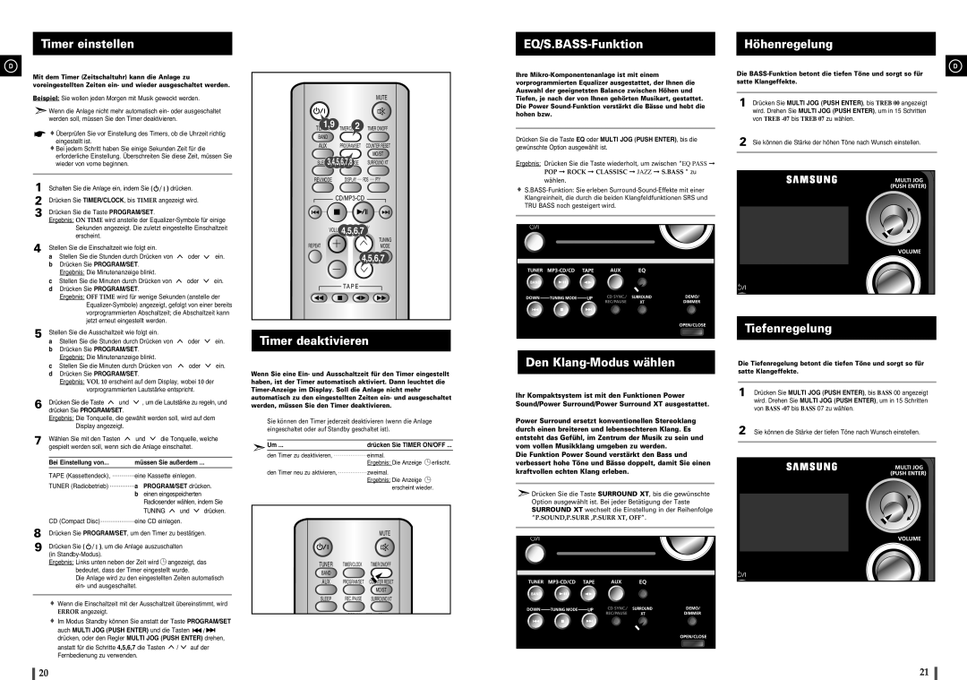 Samsung MM-C8R/ELS manual Timer einstellen, Timer deaktivieren EQ/S.BASS-Funktion, Höhenregelung, Tiefenregelung 