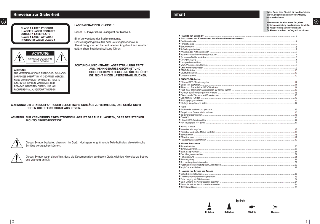 Samsung MM-C8R/ELS manual Hinweise zur Sicherheit, Drücken Schieben Wichtig 