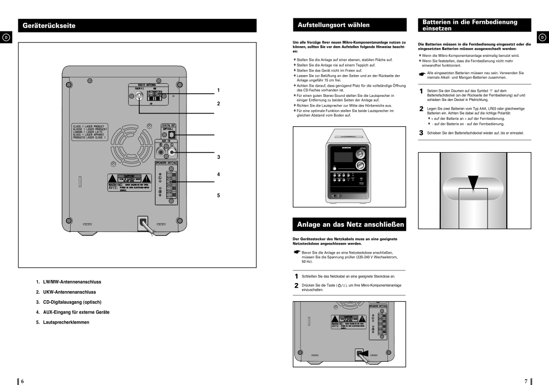 Samsung MM-C8R/ELS manual Geräterückseite, Anlage an das Netz anschließen, Aufstellungsort wählen 