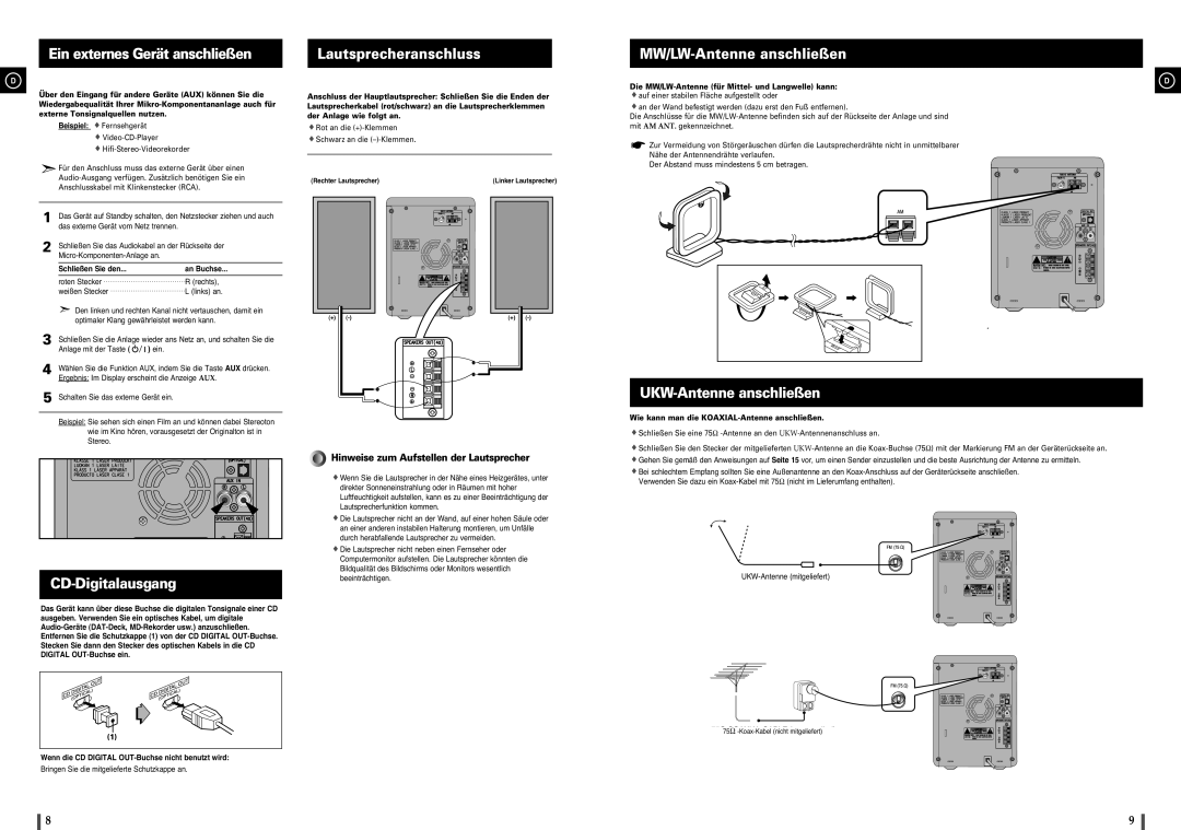 Samsung MM-C8R/ELS manual CD-Digitalausgang, UKW-Antenne anschließen, Schließen Sie den An Buchse 