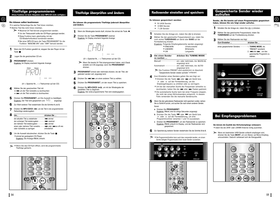 Samsung MM-C8R/ELS manual Titelfolge programmieren, Gespeicherte Sender wieder aufrufen, Bei Empfangsproblemen 