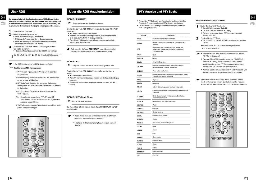 Samsung MM-C8R/ELS Über RDS, Über die RDS-Anzeigefunktion, PTY-Anzeige und PTY-Suche, Programmsparte suchen PTY-Suche 