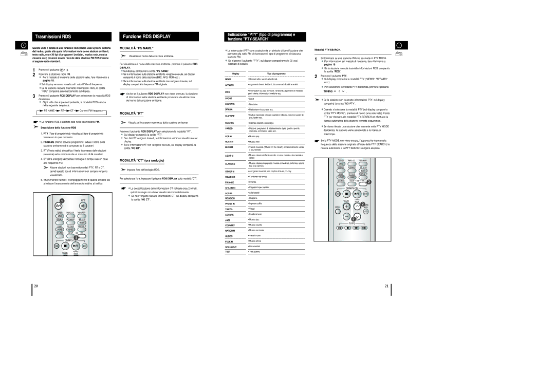 Samsung MM-C8R/ELS Trasmissioni RDS, Funzione RDS Display, Indicazione PTY tipo di programma e funzione PTY-SEARCH, Tuning 