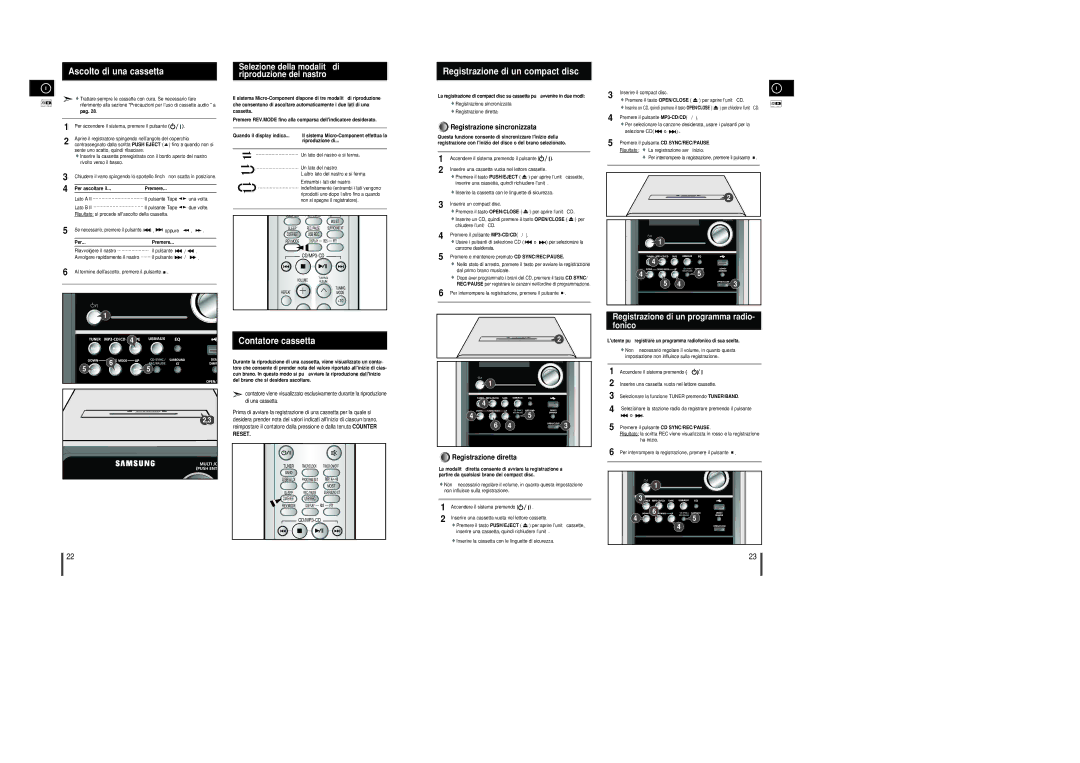 Samsung MM-C8R/ELS manual Ascolto di una cassetta, Selezione della modalità di riproduzione del nastro, Contatore cassetta 