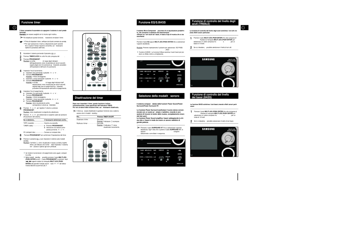 Samsung MM-C8R/ELS manual Funzione timer, Disattivazione del timer, Funzione EQ/S.BASS, Selezione della modalità sonoro 