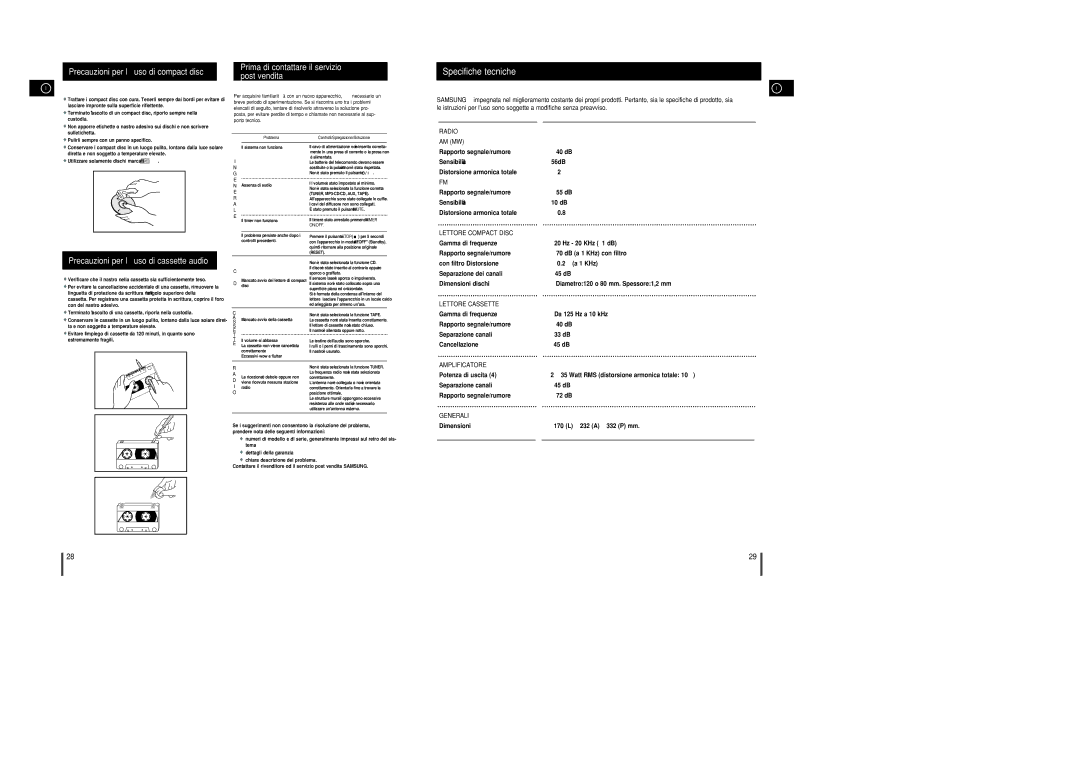 Samsung MM-C8R/ELS manual Precauzioni per l’uso di compact disc, Prima di contattare il servizio post vendita, A L 