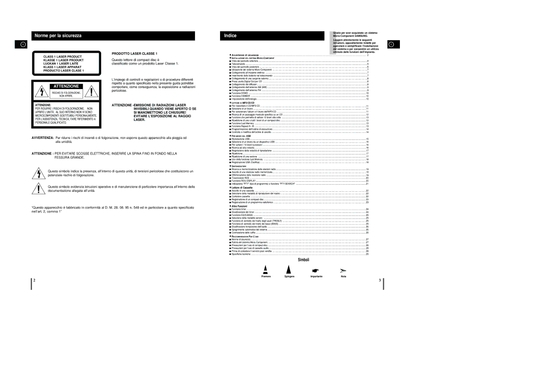 Samsung MM-C8R/ELS manual Norme per la sicurezza Indice, Attenzione, Lettore di Cassette, Altre Funzioni 