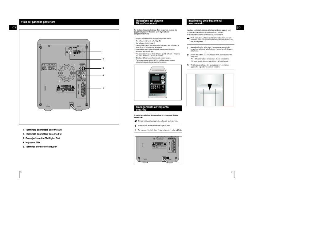 Samsung MM-C8R/ELS manual Vista del pannello posteriore, Ubicazione del sistema Micro-Component, Collegamento all’impianto 