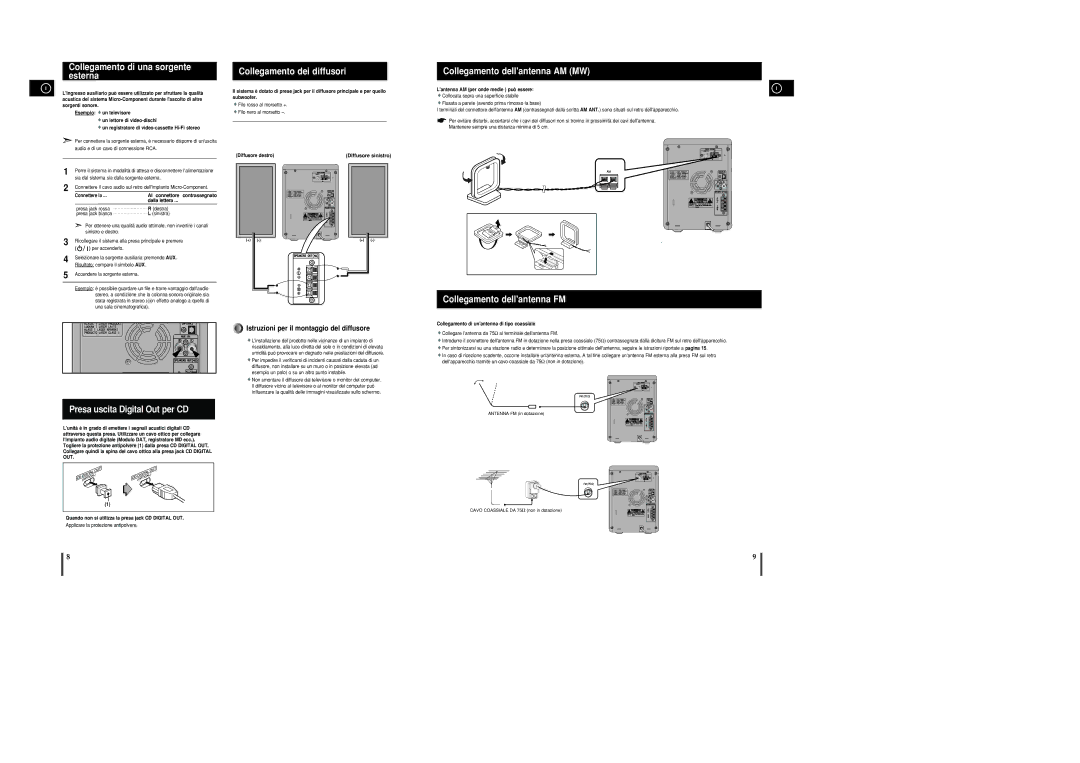 Samsung MM-C8R/ELS manual Collegamento di una sorgente esterna, Collegamento dei diffusori, Collegamento dellantenna AM MW 