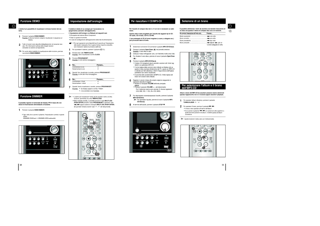 Samsung MM-C8R/ELS manual Funzione Demo, Funzione Dimmer, Impostazione dellorologio, Selezione di un brano 