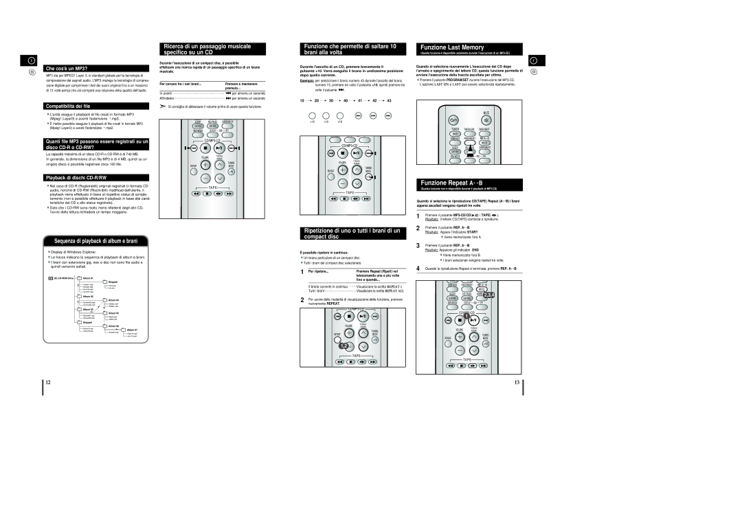 Samsung MM-C8R/ELS manual Ricerca di un passaggio musicale specifico su un CD, Funzione Last Memory, Funzione Repeat A↔B 