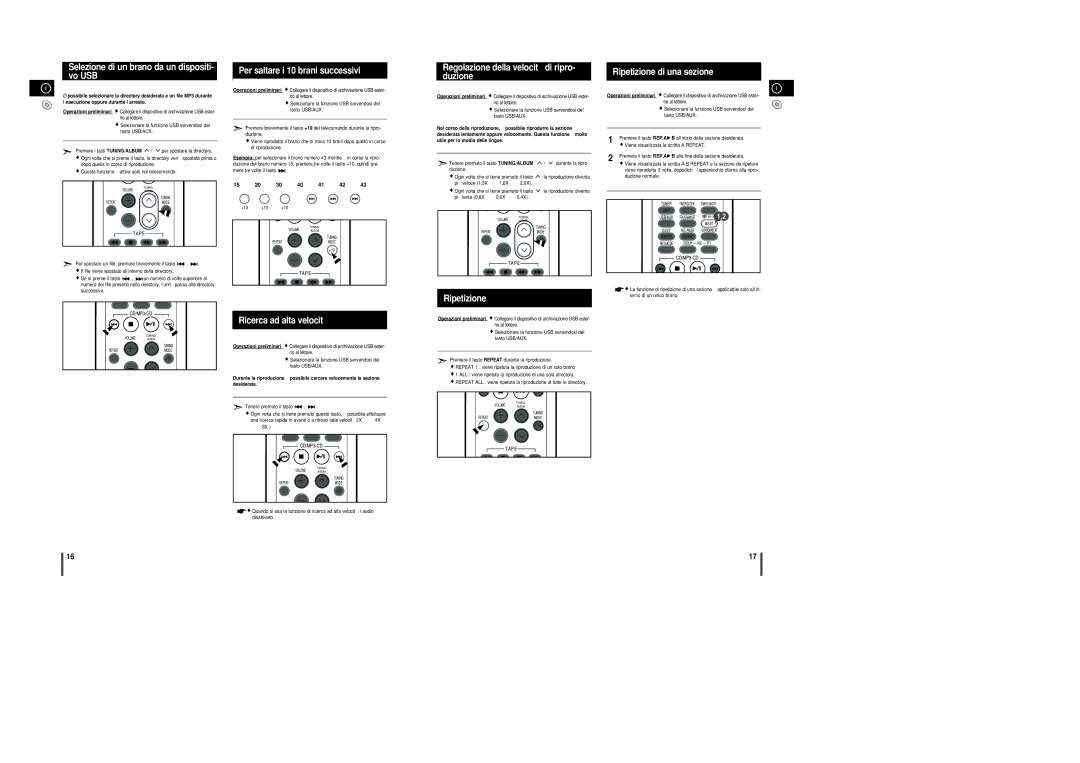 Samsung MM-C8R/ELS manual Selezione di un brano da un dispositi- vo USB, Per saltare i 10 brani successivi, Ripetizione 