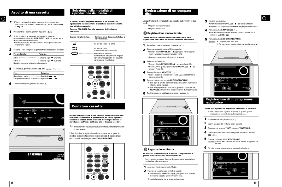 Samsung MM-C8R/ELS manual Ascolto di una cassetta, Contatore cassetta, Registrazione di un compact disc 