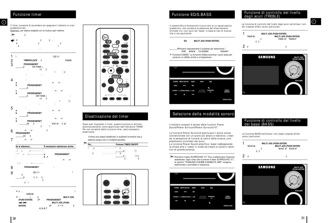 Samsung MM-C8R/ELS manual Funzione timer, Disattivazione del timer, Funzione EQ/S.BASS, Selezione della modalità sonoro 