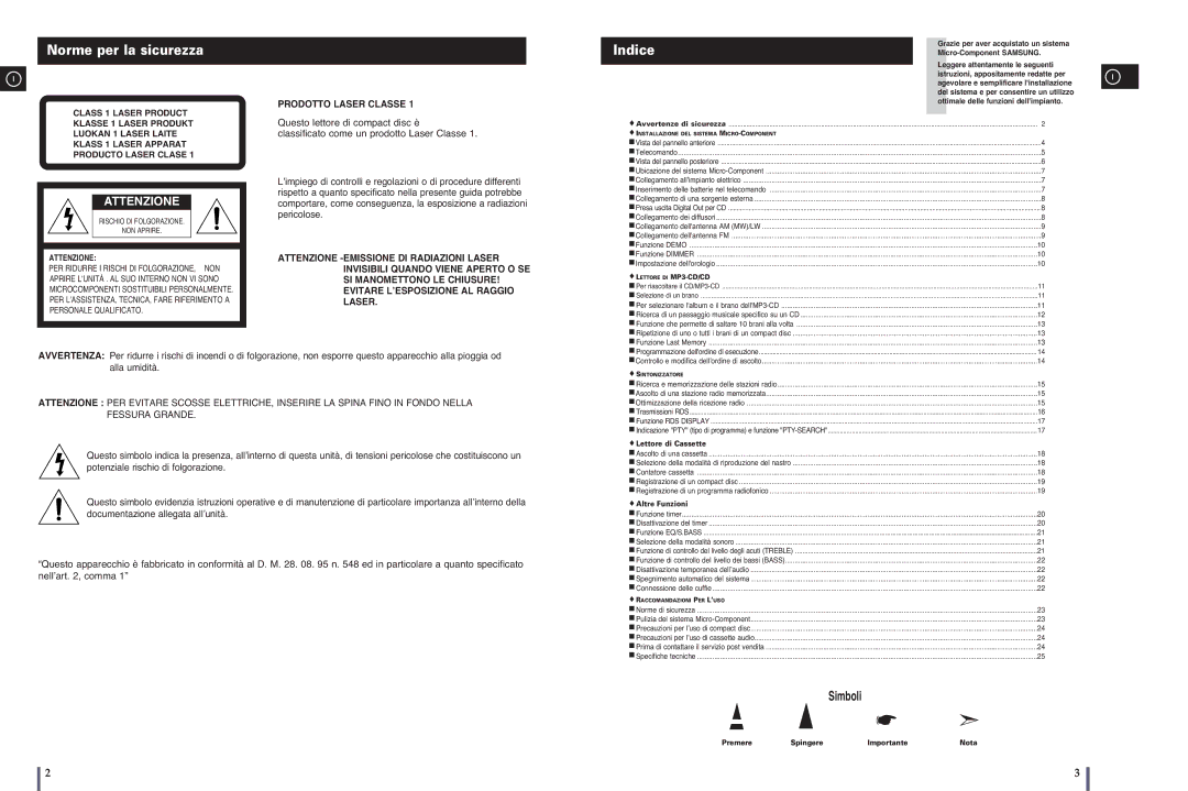 Samsung MM-C8R/ELS manual Norme per la sicurezza, Indice 