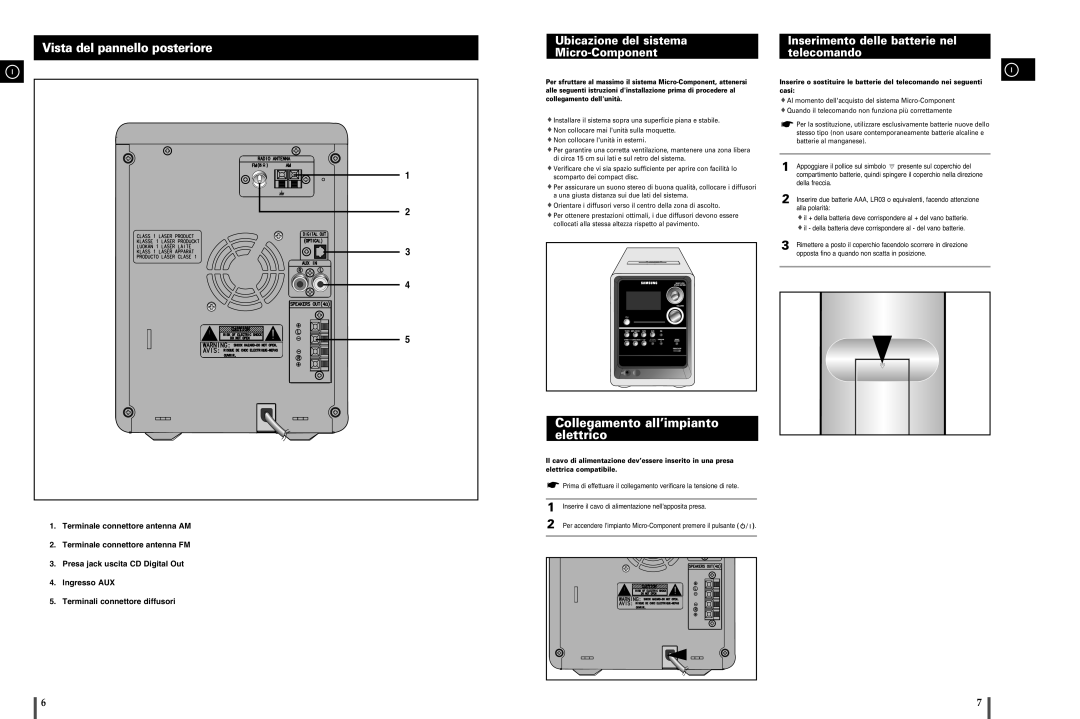 Samsung MM-C8R/ELS manual Vista del pannello posteriore, Collegamento all’impianto, Elettrico 