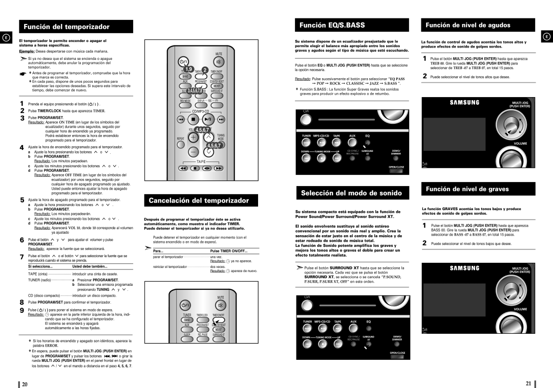 Samsung MM-C8R/ELS Función del temporizador, Cancelación del temporizador Función EQ/S.BASS, Selección del modo de sonido 