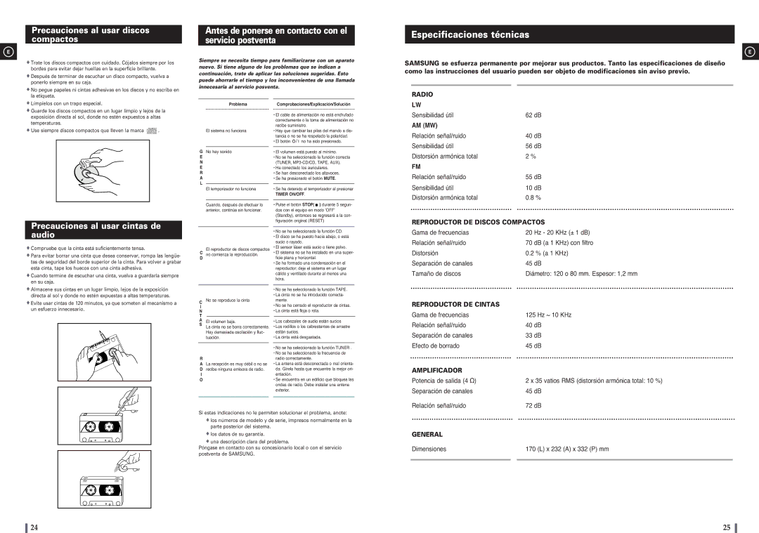 Samsung MM-C8R/ELS manual Antes de ponerse en contacto con el servicio postventa, Especificaciones técnicas 