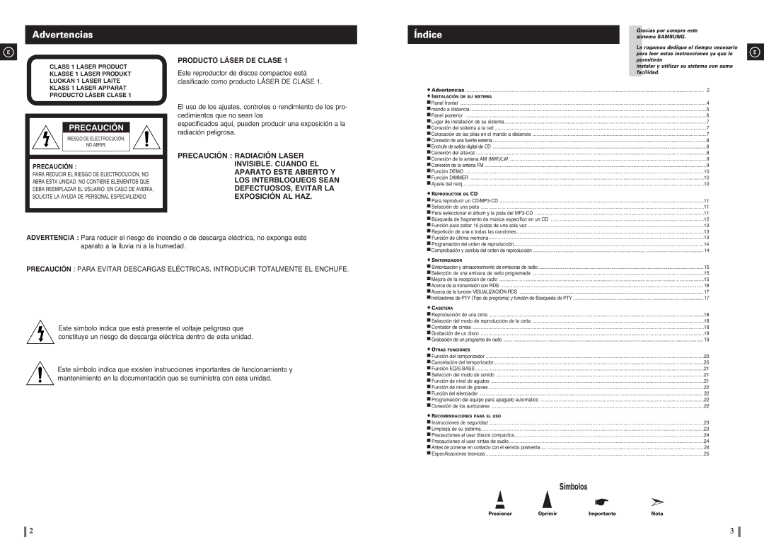 Samsung MM-C8R/ELS manual Advertencias, Presionar Oprimir Importante Nota 