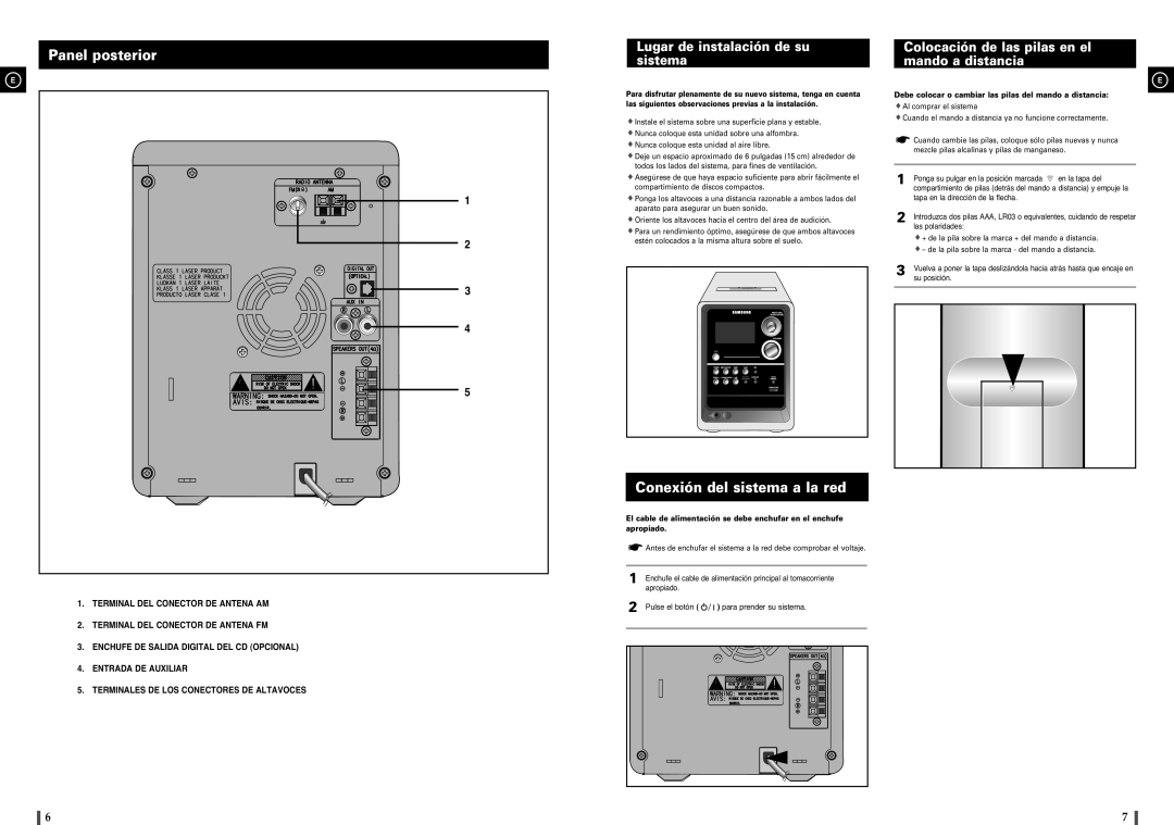 Samsung MM-C8R/ELS manual Panel posterior, Conexión del sistema a la red, Lugar de instalación de su sistema 