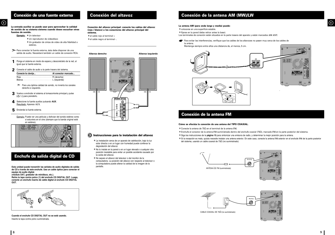 Samsung MM-C8R/ELS manual Conexión de una fuente externa, Conexión del altavoz, Conexión de la antena AM MW/LW 