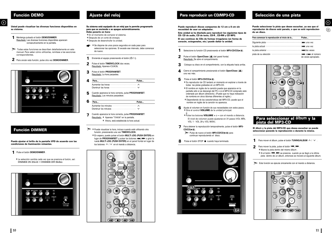 Samsung MM-C8R/ELS Función Demo Ajuste del reloj, Selección de una pista, Función Dimmer, Para reproducir un CD/MP3-CD 