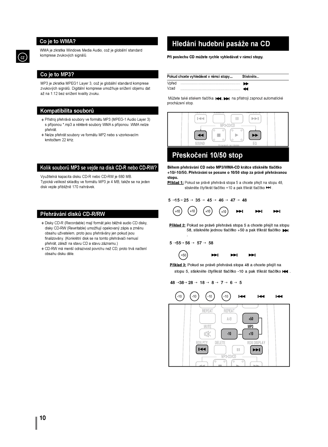 Samsung MM-D320/EN, MM-D330/EN manual Hledání hudební pasáže na CD, Přeskočení 10/50 stop, Komprese zvukových signálů 