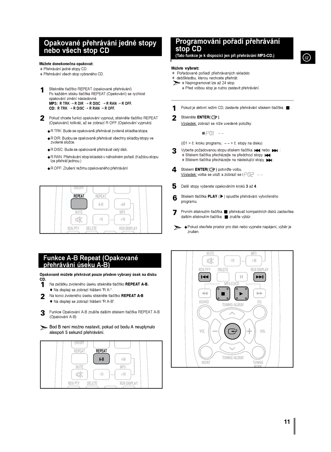 Samsung MM-D330/EN, MM-D320/EN Opakované přehrávání jedné stopy nebo všech stop CD, Programování pořadí přehrávání stop CD 