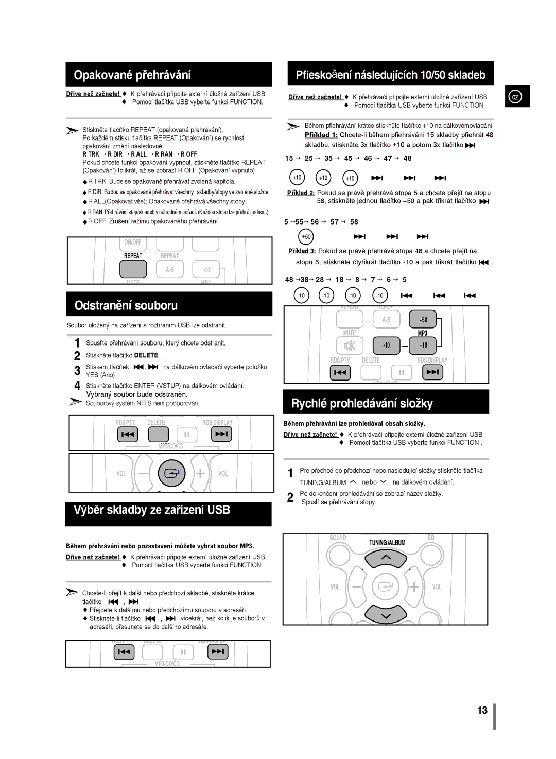 Samsung MM-D330/EN, MM-D320/EN manual Opakované přehrávání, Výběr skladby ze zařízení USB, Trk R Dir R All R Ran R Off 