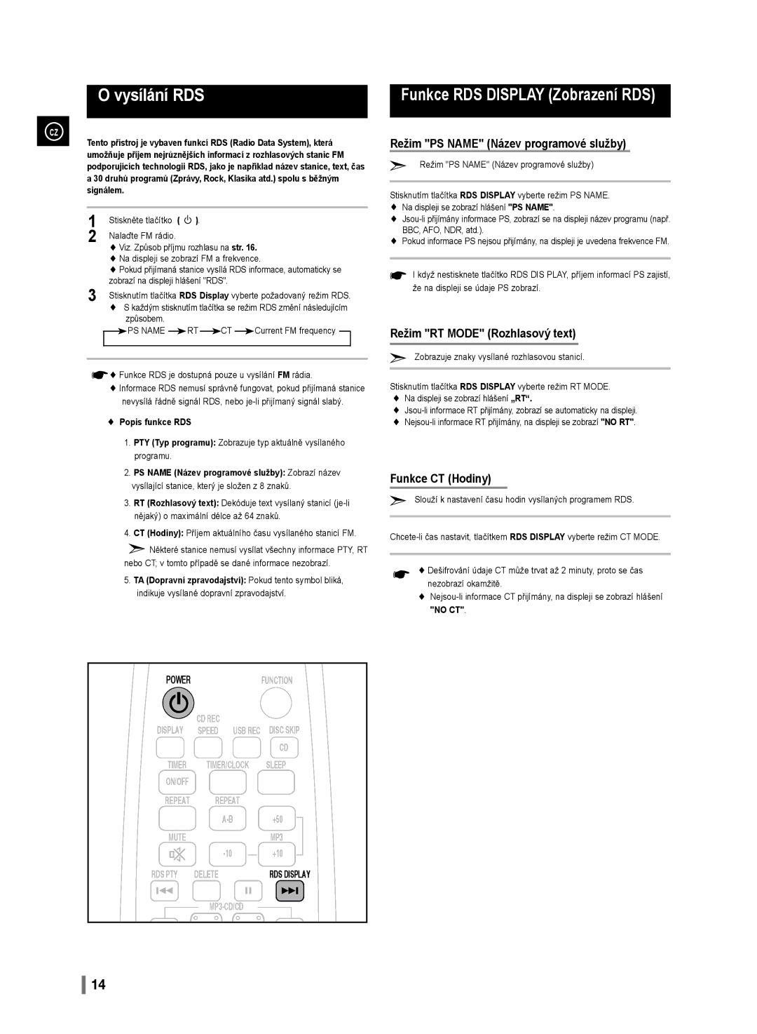 Samsung MM-D320/EN, MM-D330/EN manual Vysílání RDS, Stiskněte tlačítko Nalaďte FM rádio, Popis funkce RDS, No CT 