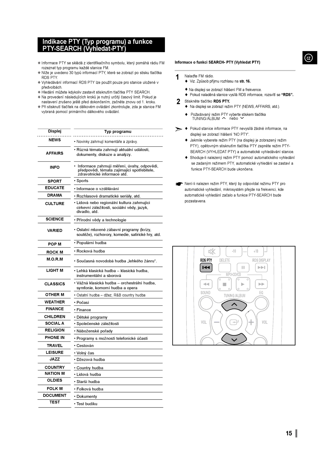 Samsung MM-D330/EN, MM-D320/EN manual Informace o funkci SEARCH- PTY Vyhledat PTY, Displej, Typ programu 