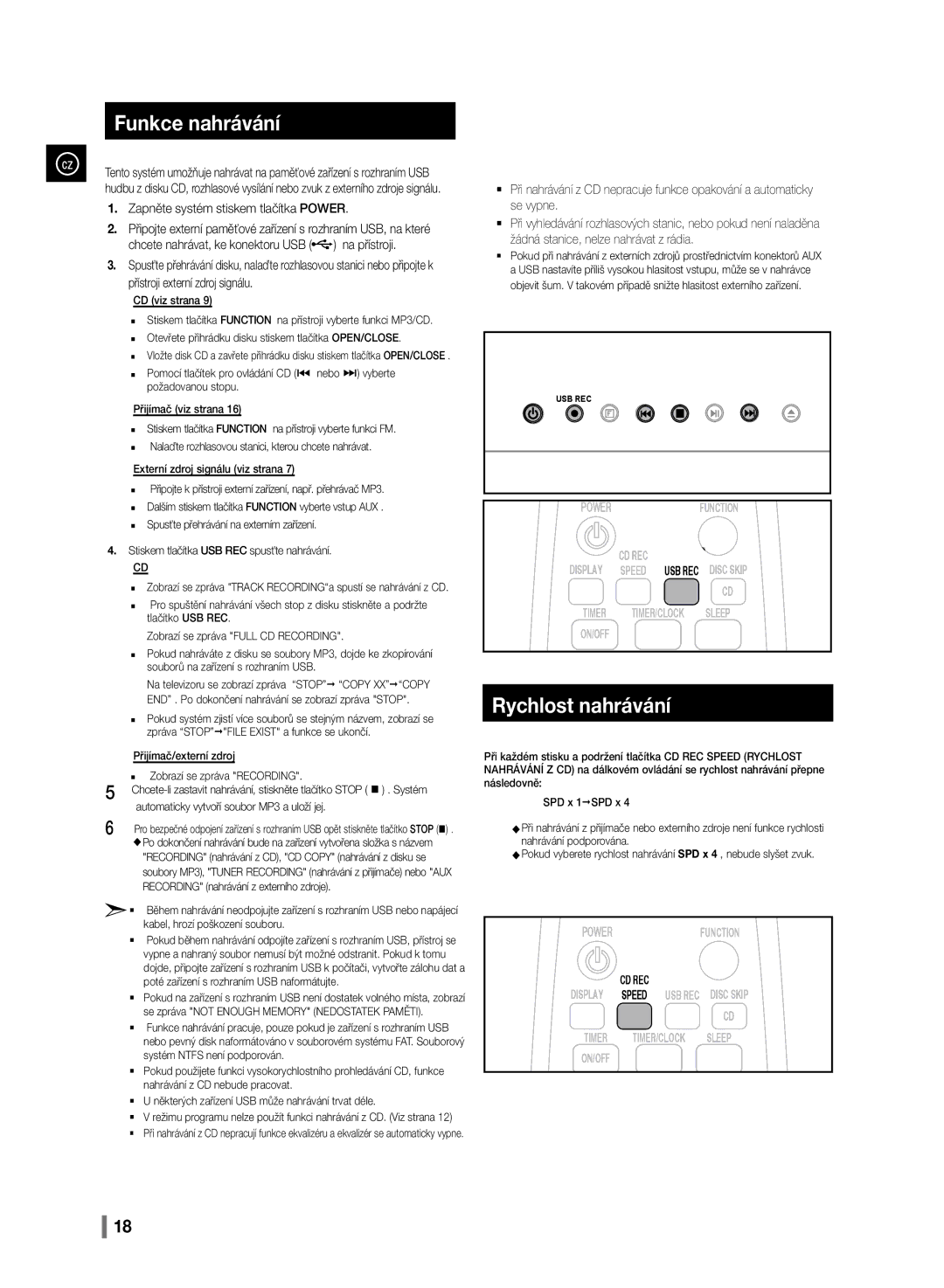 Samsung MM-D320/EN, MM-D330/EN manual Funkce nahrávání, Rychlost nahrávání 