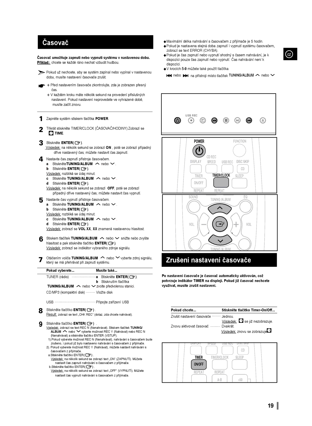 Samsung MM-D330/EN manual Časovač, Zrušení nastavení časovače, Time, StiskněteTUNING/ALBUM, Pokud vyberete Musíte také 