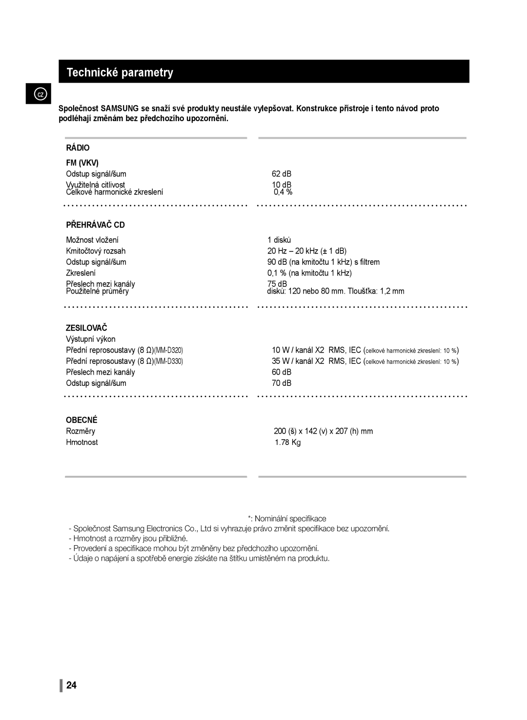 Samsung MM-D320/EN, MM-D330/EN manual Technické parametry, Přehrávač CD 