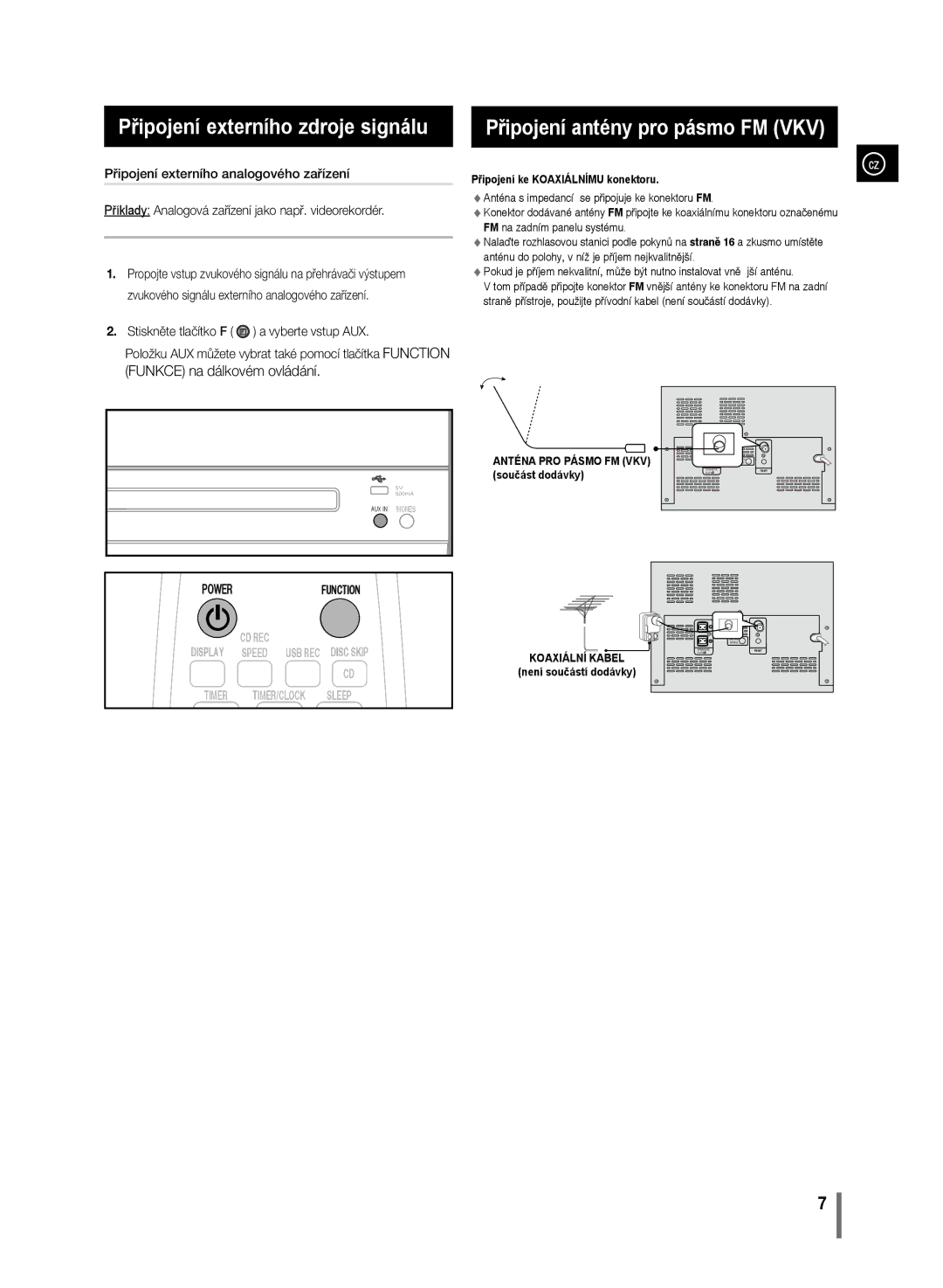 Samsung MM-D330/EN, MM-D320/EN manual Připojení externího zdroje signálu, Připojení antény pro pásmo FM VKV 