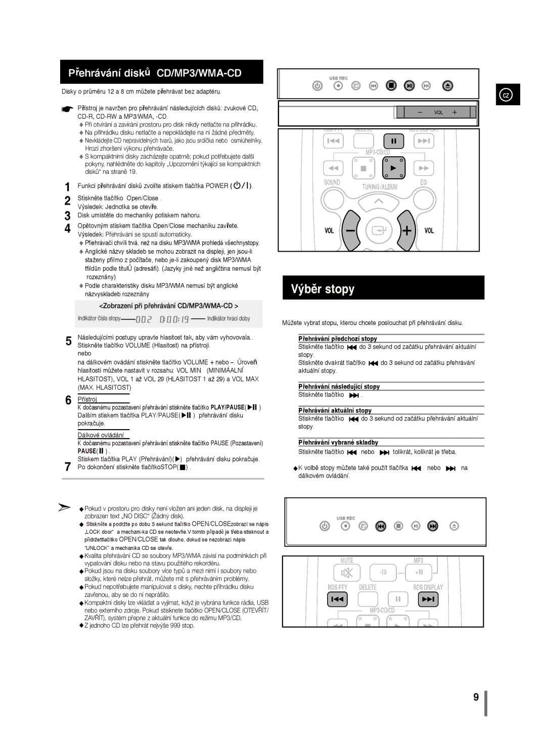 Samsung MM-D330/EN, MM-D320/EN manual Přehrávání předchozí stopy, Přehrávání následující stopy, Přehrávání aktuální stopy 