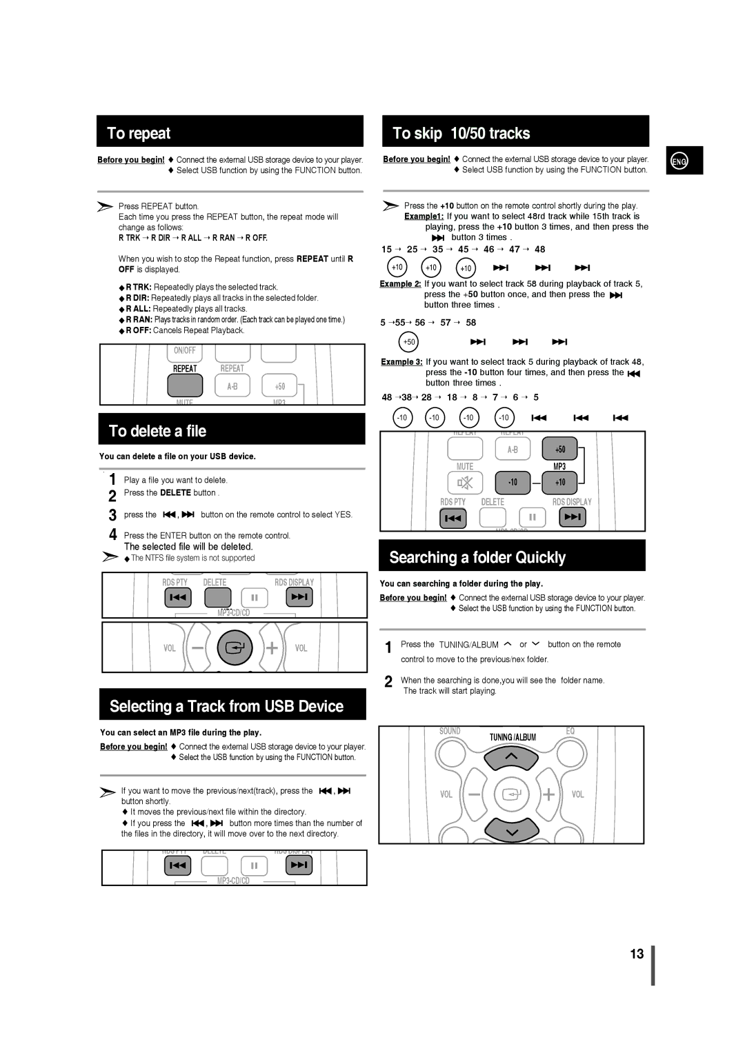 Samsung MM-D320/EN, MM-D320/RU To repeat, To delete a file, Selecting a Track from USB Device, Searching a folder Quickly 