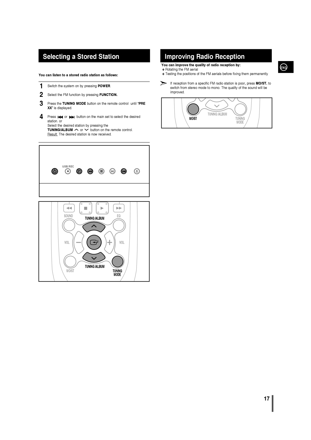 Samsung MM-D320/SQ, MM-D320/RU, MM-D320/EN, MM-D330/EN, MM-D330/XE manual Selecting a Stored Station, Improving Radio Reception 