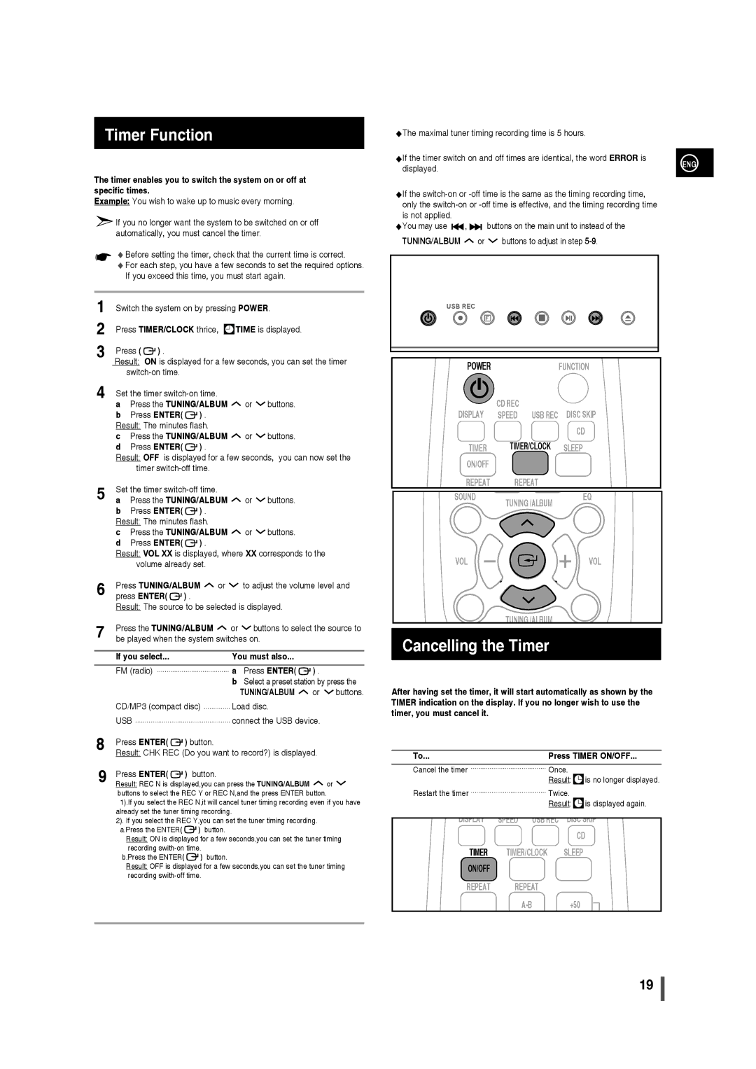 Samsung MM-D320/EN, MM-D320/RU Timer Function, Cancelling the Timer, Press the TUNING/ALBUM, If you select You must also 