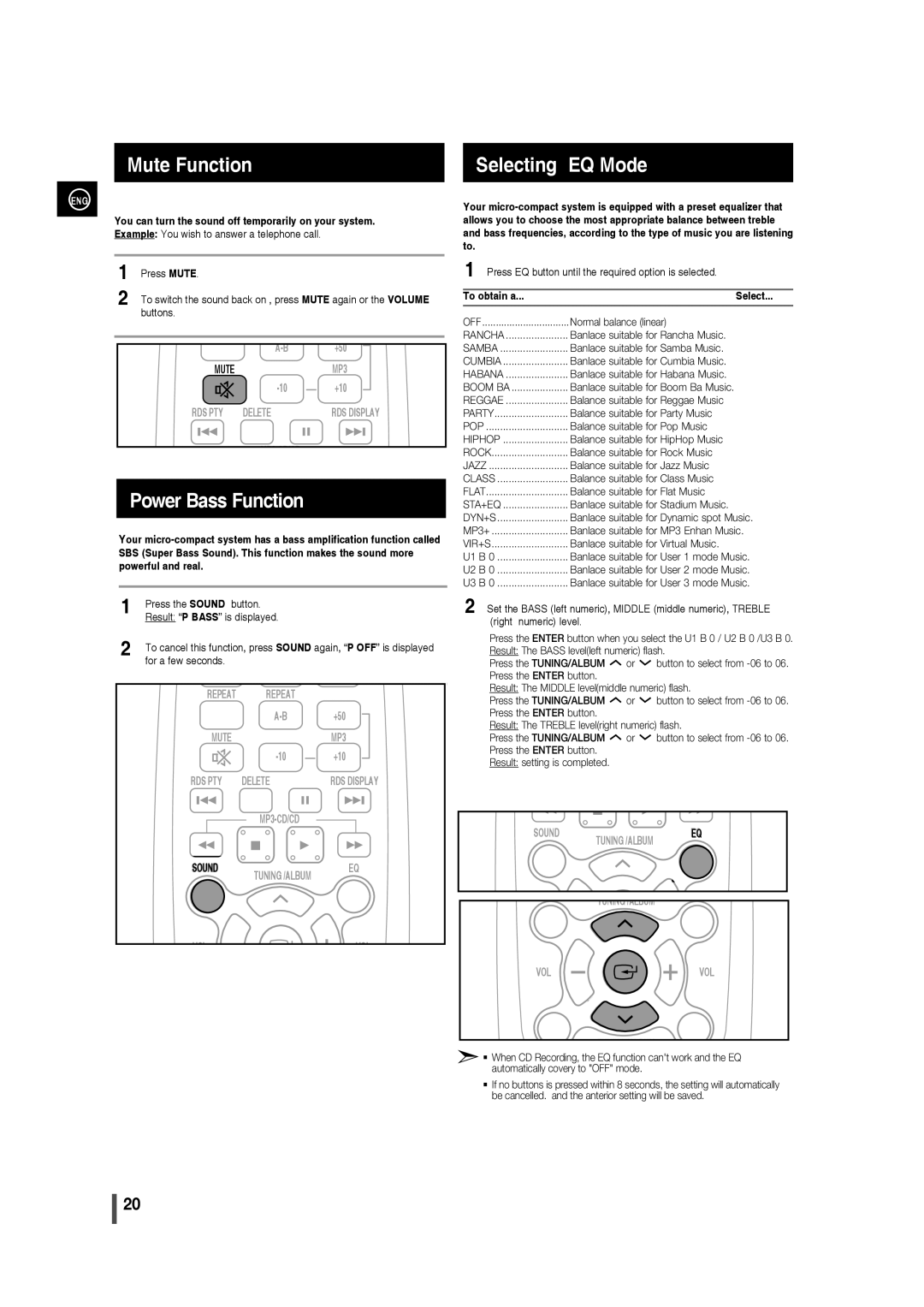 Samsung MM-D330/EN, MM-D320/RU, MM-D320/EN manual Mute Function, Power Bass Function, Selecting EQ Mode, To obtain a Select 