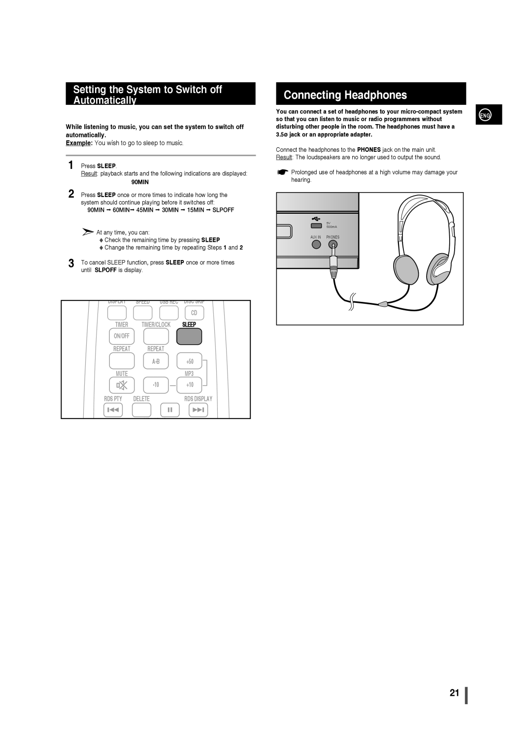 Samsung MM-D330/XE, MM-D320/RU Connecting Headphones, Setting the System to Switch off Automatically, At any time, you can 