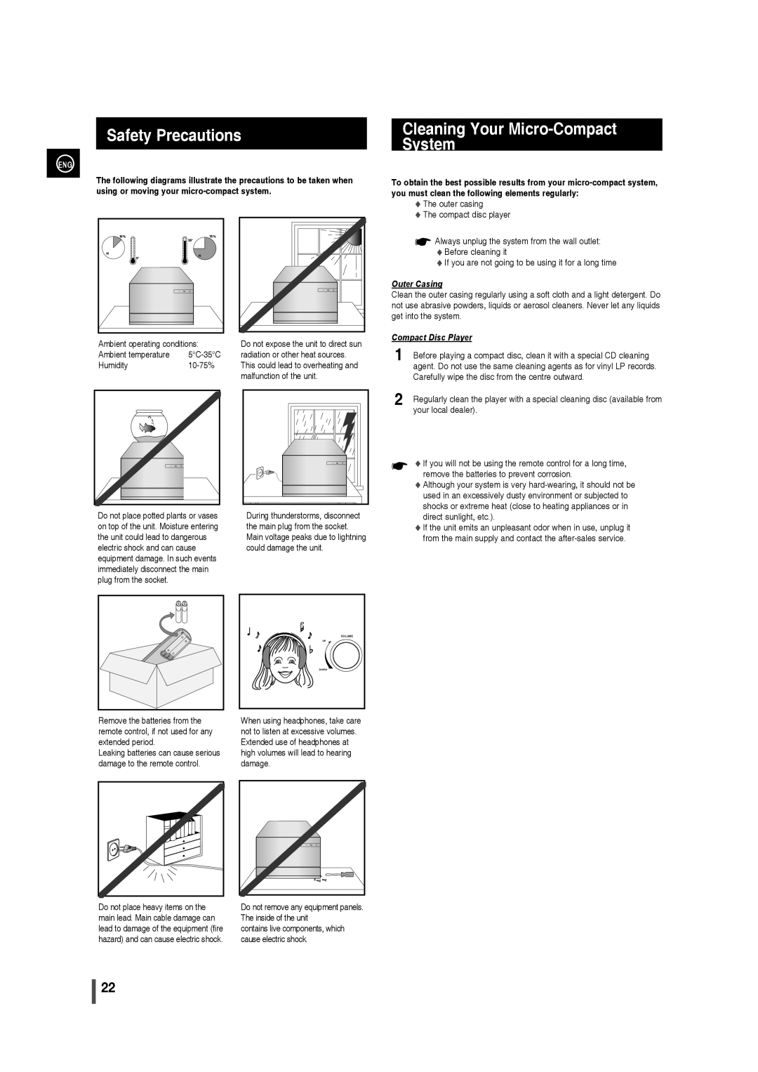 Samsung MM-D320/XE, MM-D320/RU, MM-D320/EN, MM-D330/EN, MM-D330/XE Safety Precautions, Cleaning Your Micro-Compact System 