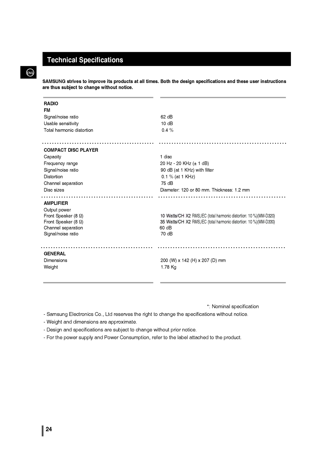 Samsung MM-D320/RU, MM-D320/EN manual Technical Specifications, Watts/CH X2 RMS,IEC total harmonic distortion 10 %MM-D320 