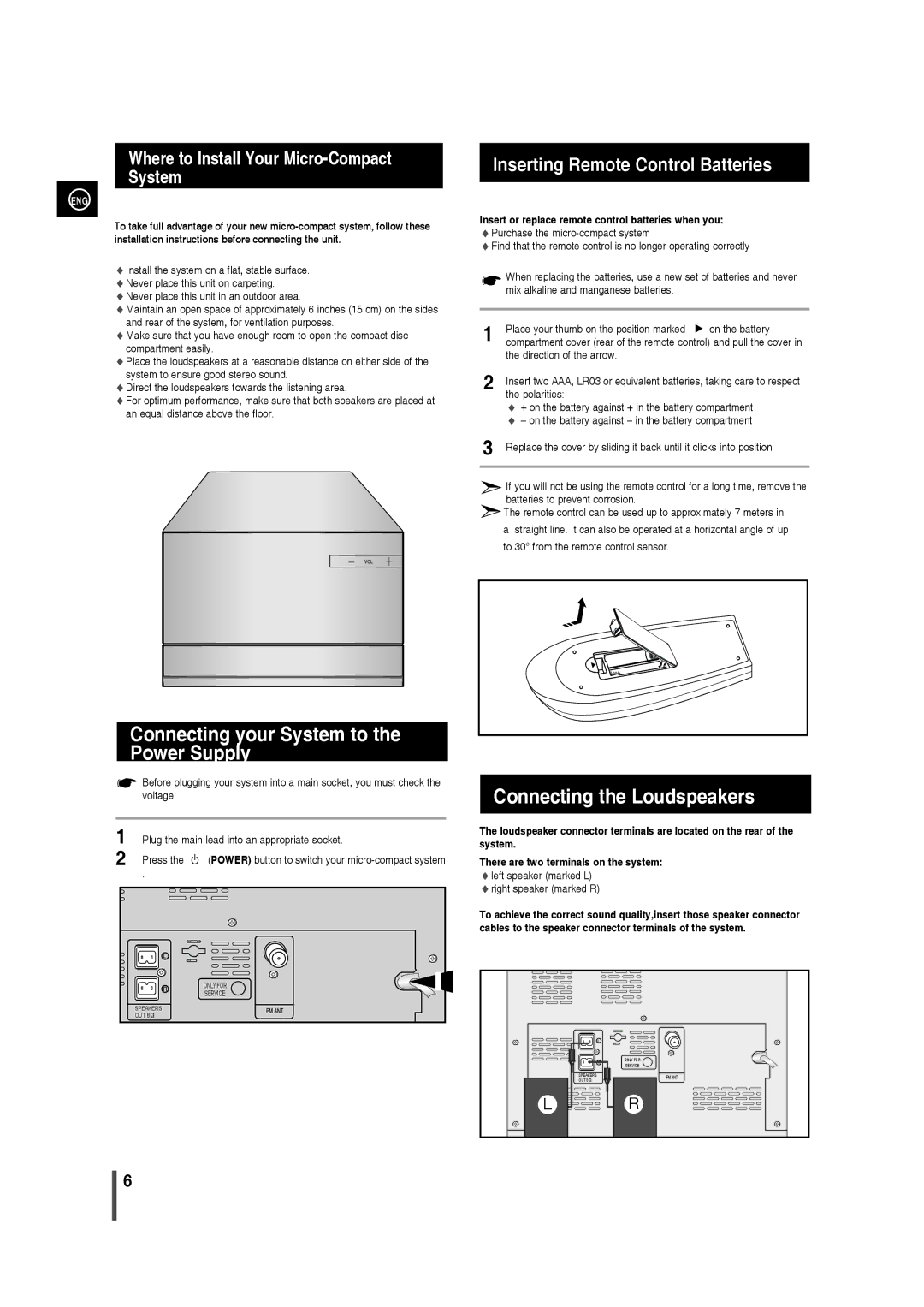 Samsung MM-D320/RU Connecting your System to Power Supply, Connecting the Loudspeakers, Inserting Remote Control Batteries 