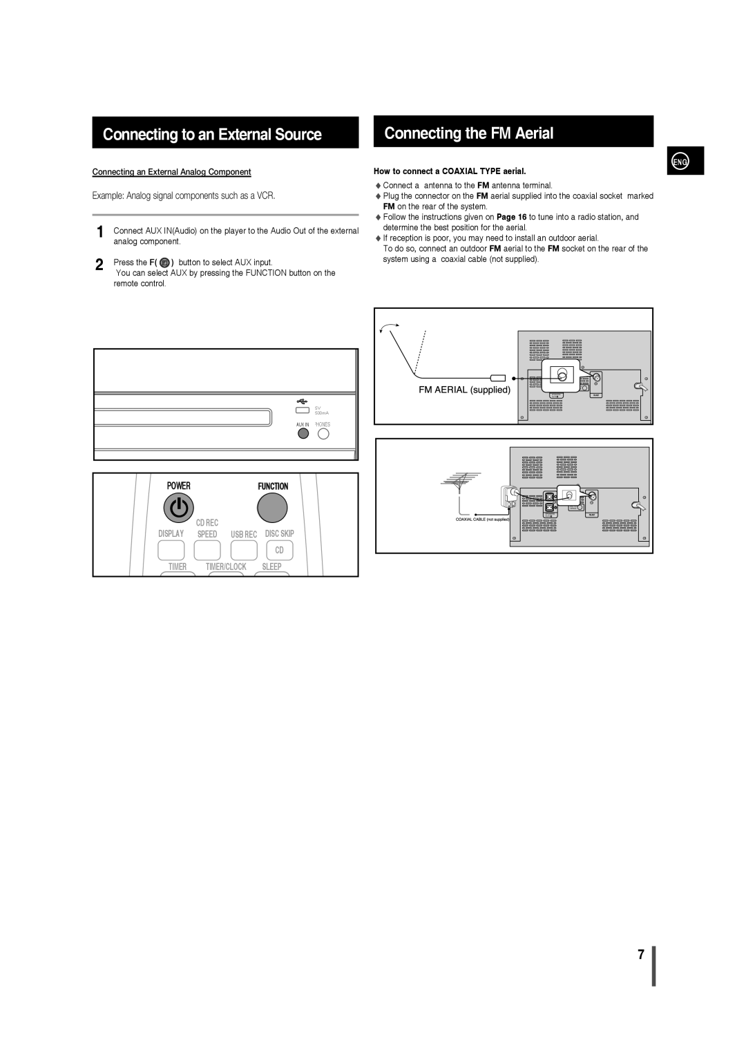 Samsung MM-D320/EN, MM-D320/RU Connecting to an External Source Connecting the FM Aerial, Analog component, Remote control 