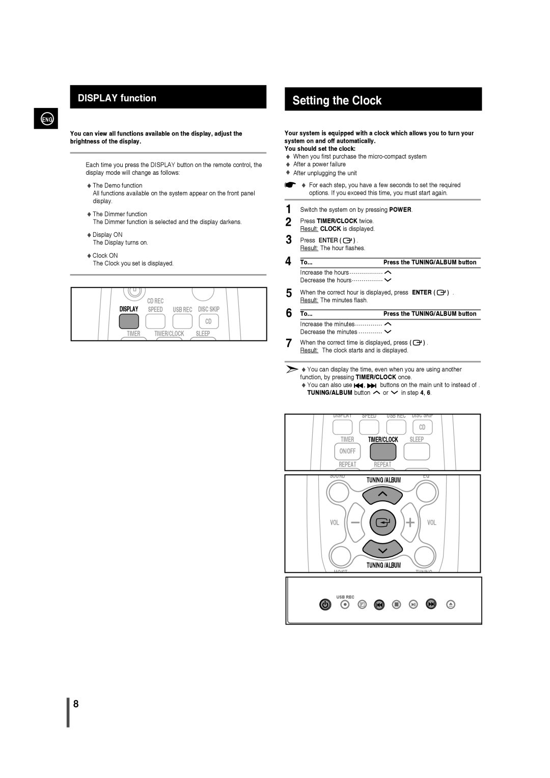 Samsung MM-D330/EN, MM-D320/RU manual Setting the Clock, Result The minutes flash, Increase the minutes Decrease the minutes 