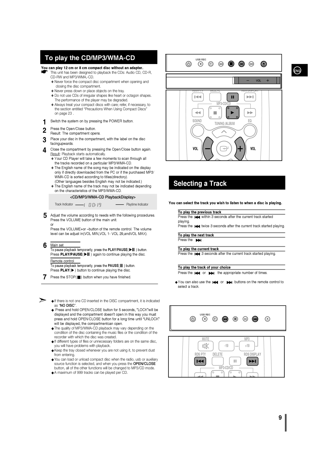 Samsung MM-D330/XE, MM-D320/RU, MM-D320/EN, MM-D330/EN, MM-D320/XE, MM-D320/SQ Selecting a Track, To play the CD/MP3/WMA-CD 